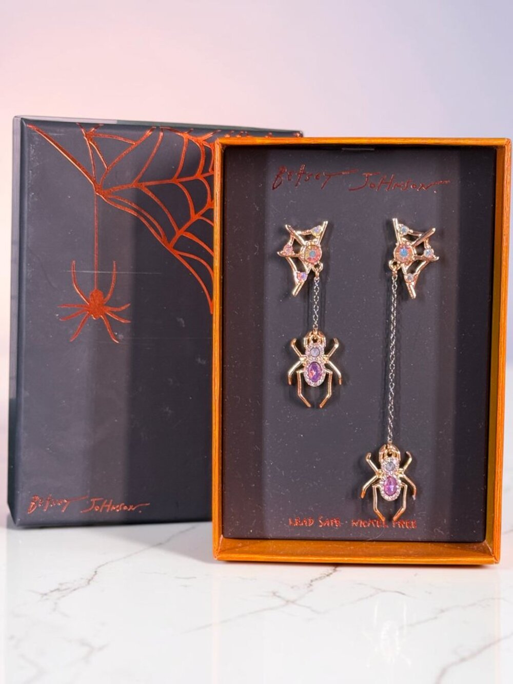 Betsey Johnson Faux Stone Spider Mismatch Linear Earrings - New in Box